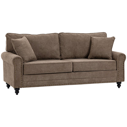 Soleka Fabric Brown 3 Seater Sofa With Rubberwood Legs Nail Head Trim And 2 Cushions