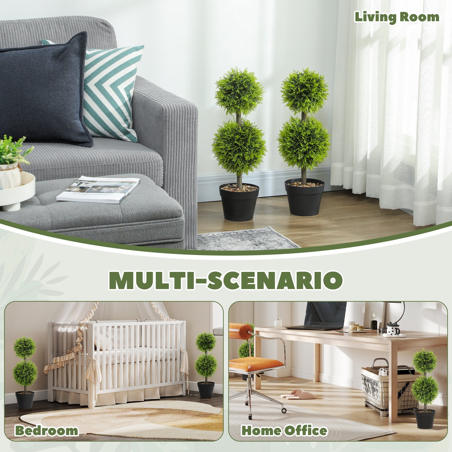Leka Fadi Set Of 2 Artificial Boxwood Ball Topiary Trees With Double Ball Design H8 60cm