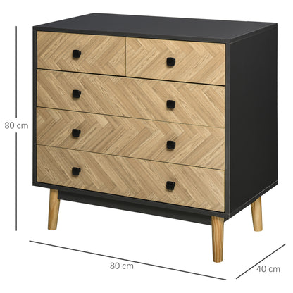 Lini Wooden Black and Natural Chevron 5 Drawer Dresser