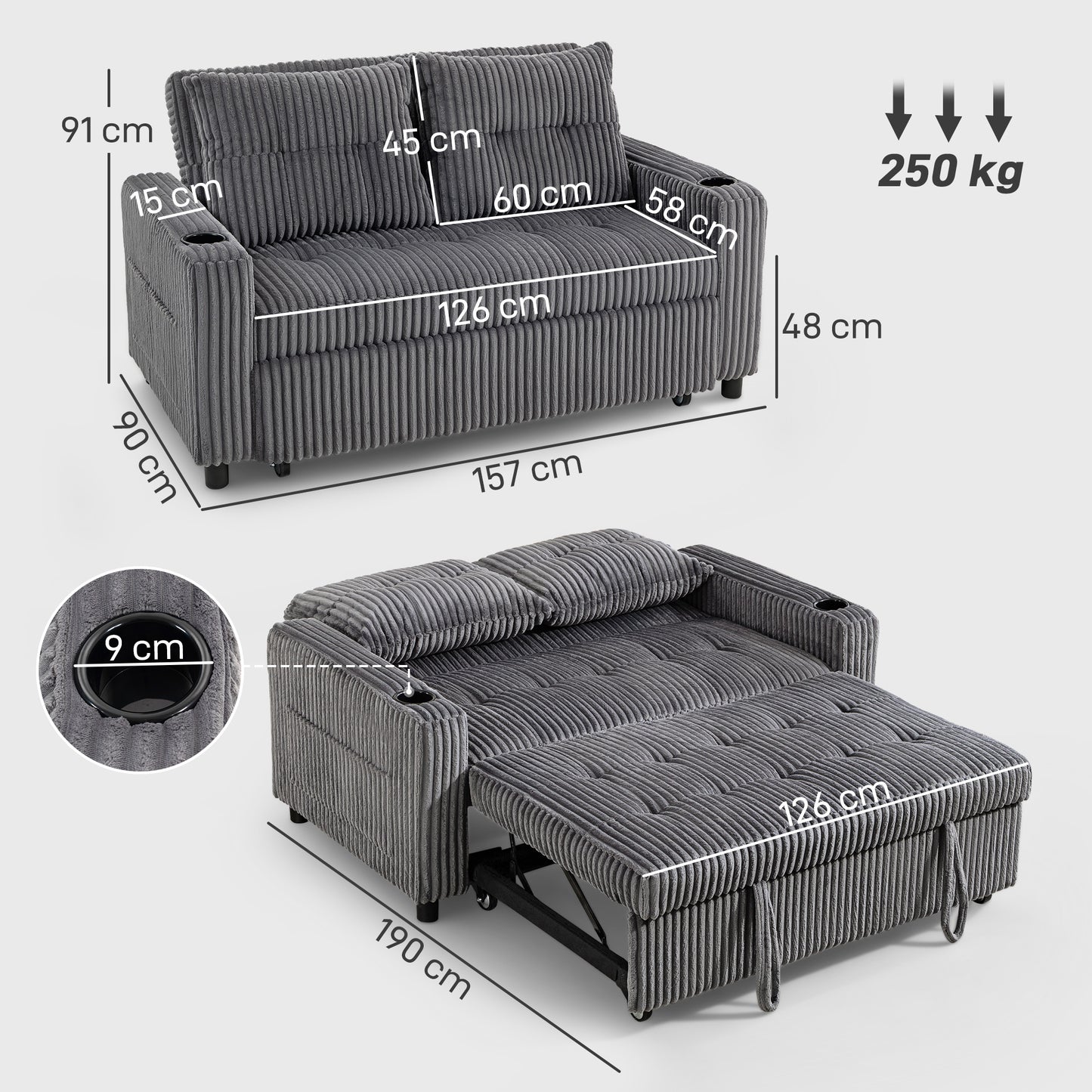 Noripa Dark Grey Corduroy 2 Seater Click Clack Sofa Bed