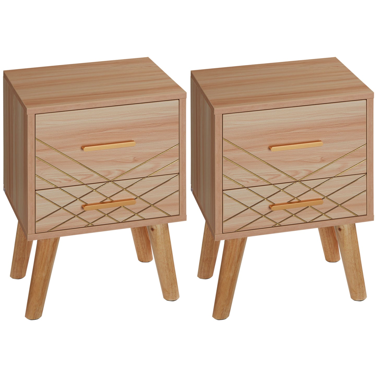 Reyo Set Of 2 Wooden Natural Scandinavian Bedside Tables 2 Drawers