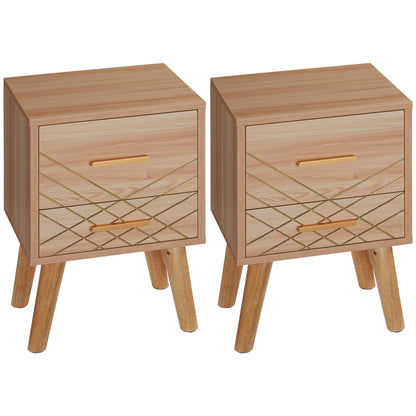 Reyo Set Of 2 Wooden Natural Scandinavian Bedside Tables 2 Drawers
