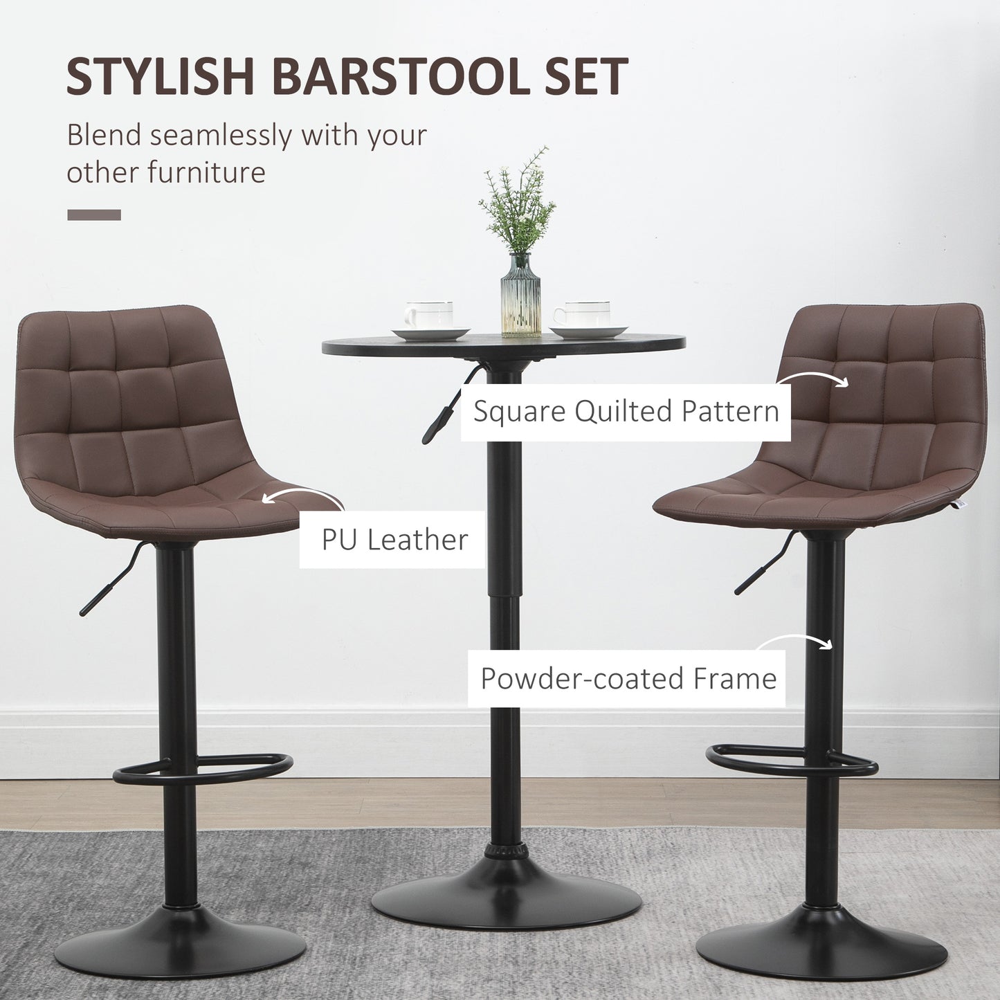 Ninora Set Of 2 Brown Tufted Faux Leather Swivel Bar Stools With Back Support