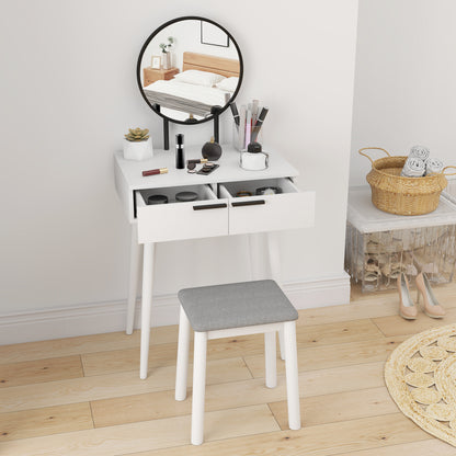 Comika White Dressing Table And Stool Set With Round Mirror 2 Drawers 60 x 40 x 123 cm