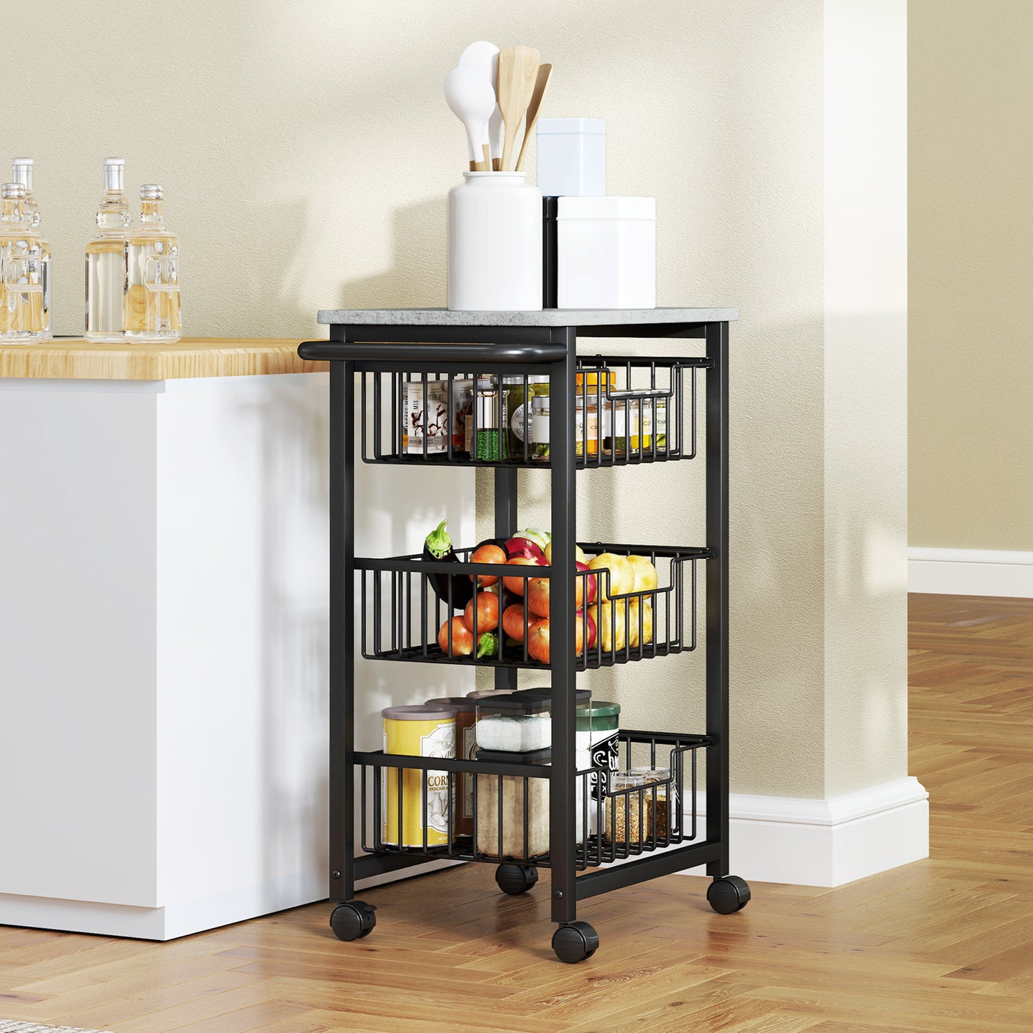Firo Metal Grey And Black 3 Basket Mobile Kitchen Trolley With Locking Wheels