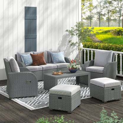 Tanette Rattan Grey 7 Seater Outdoor Sofa Set With Reclining 2 Armchairs And 2 Stools