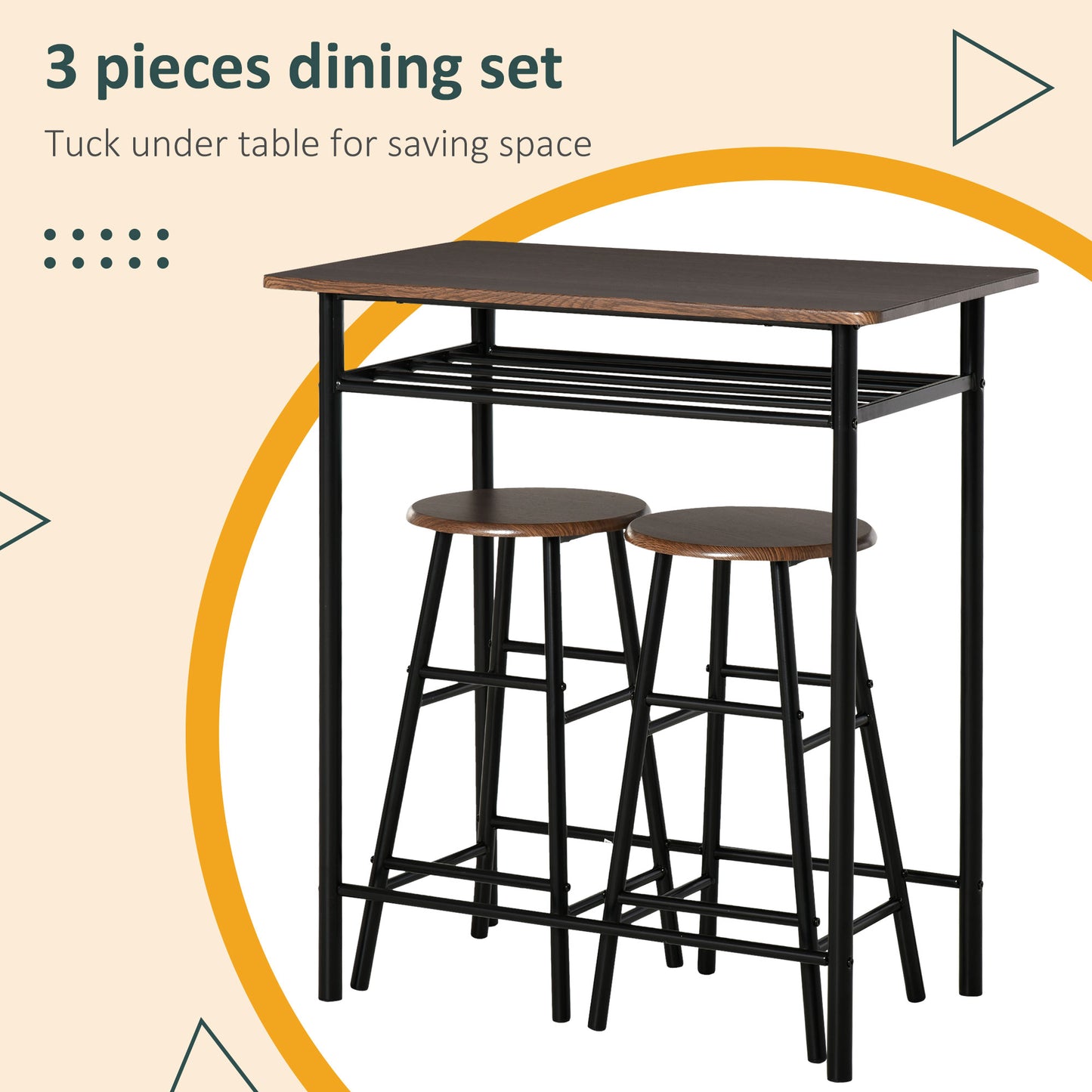 Yoliba Metal And Wooden Black And Oak Breakfast Bar Table And Stool Set With Storage Shelving