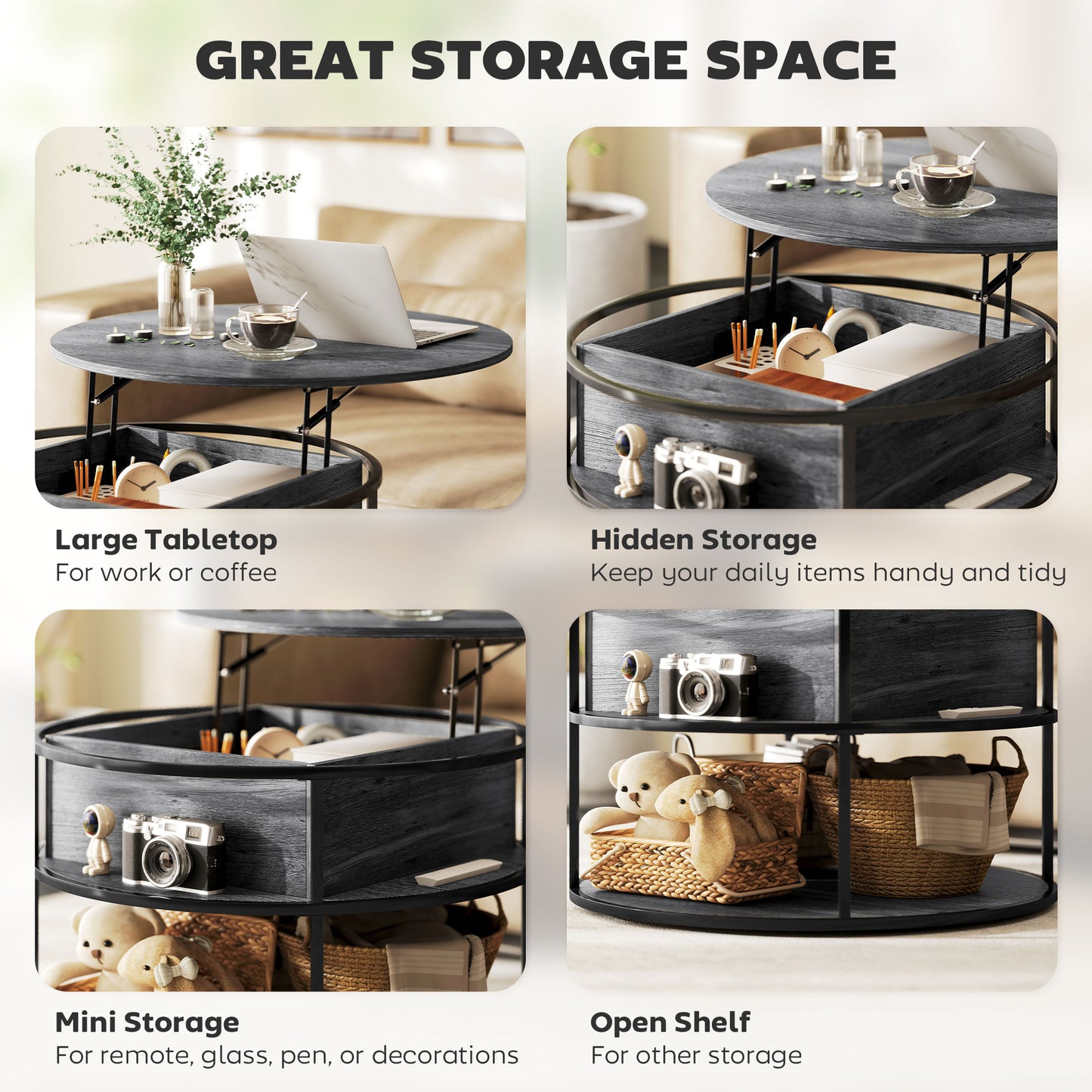 Diha Metal And Wooden Dark Grey Round Lift Top Coffee Table With Hidden Storage