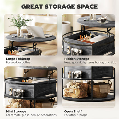 Diha Metal And Wooden Dark Grey Round Lift Top Coffee Table With Hidden Storage