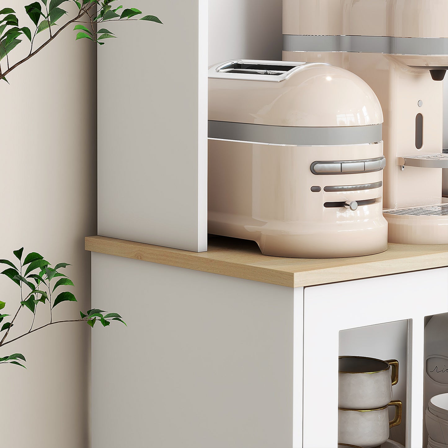 Somire Wooden White Kitchen Storage Cabinet With Glass Doors Countertop And Adjustable Shelves