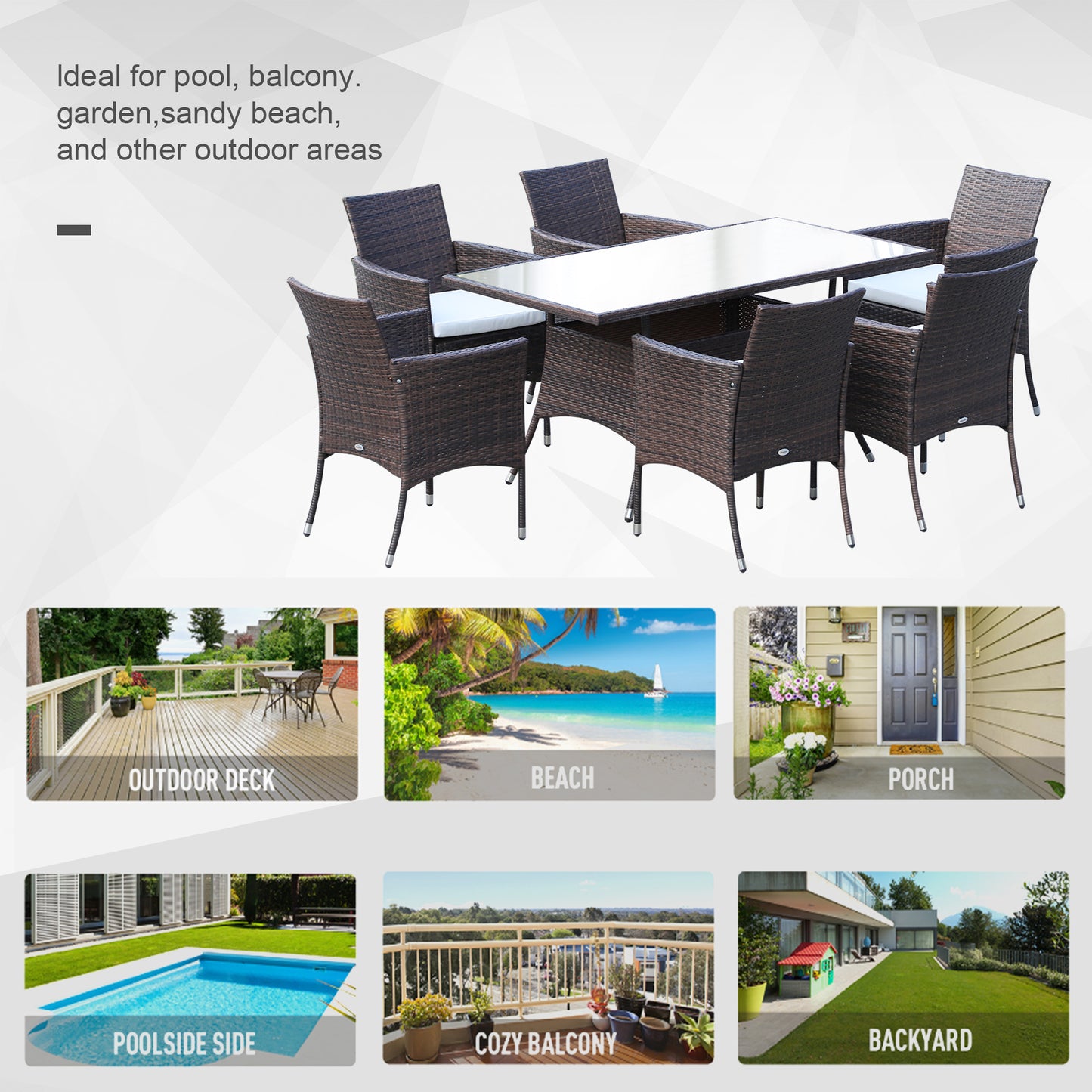 Dine Rattan Brown 6 Seater Outdoor Dining Set With Cushioned Armchairs And Rectangular Glass Table