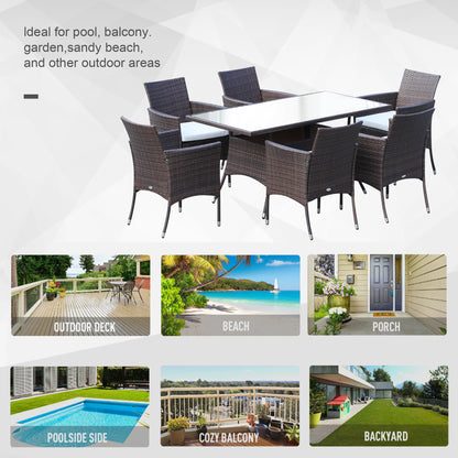 Dine Rattan Brown 6 Seater Outdoor Dining Set With Cushioned Armchairs And Rectangular Glass Table