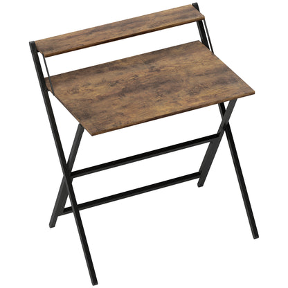 Veeldi 81cm Small Wooden Brown Rustic Folding Desk With Raised Monitor Shelf