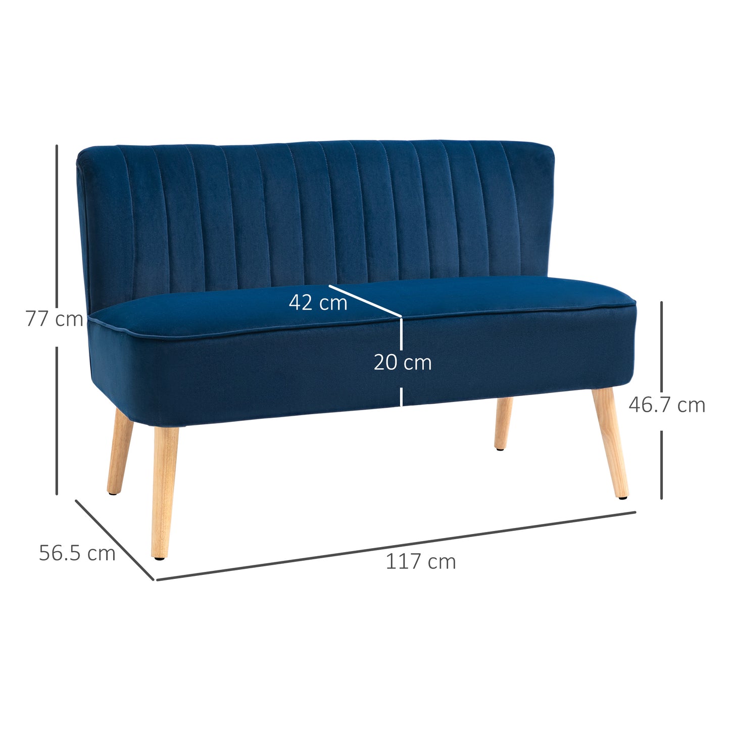 Haleco Dark Blue Fabric 2 Seater Love Sofa Panel Tufted Back Natural Wooden Legs