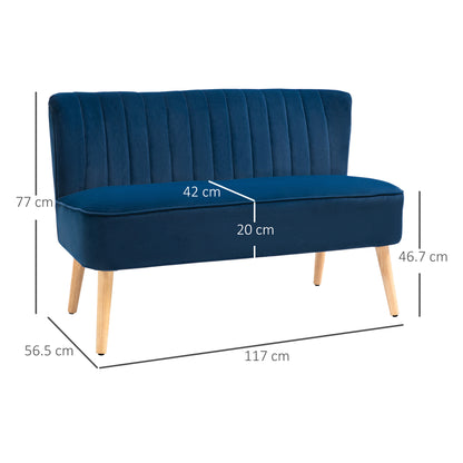 Haleco Dark Blue Fabric 2 Seater Love Sofa Panel Tufted Back Natural Wooden Legs