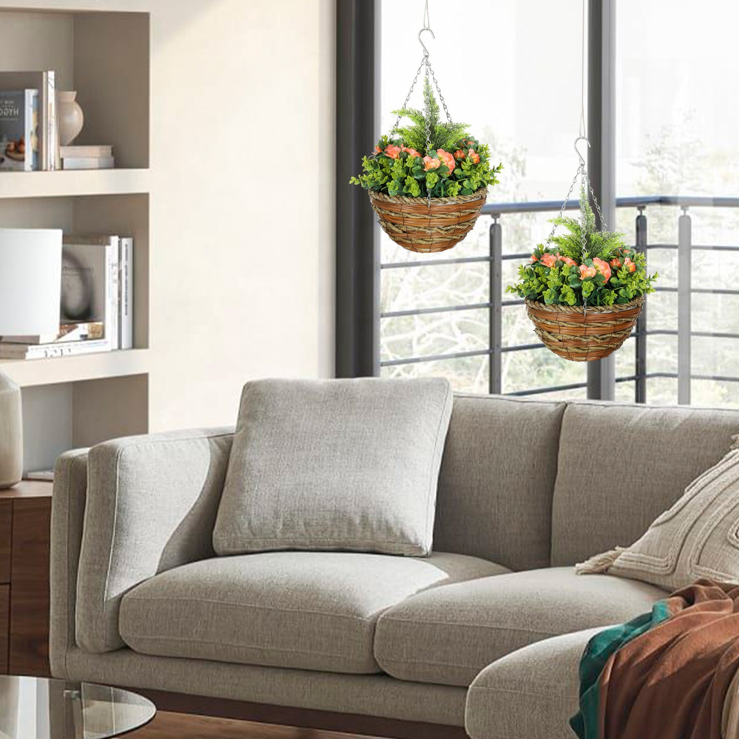Lema Set Of 2 Artificial Lisianthus Hanging Flower Pots In Yellow And Green