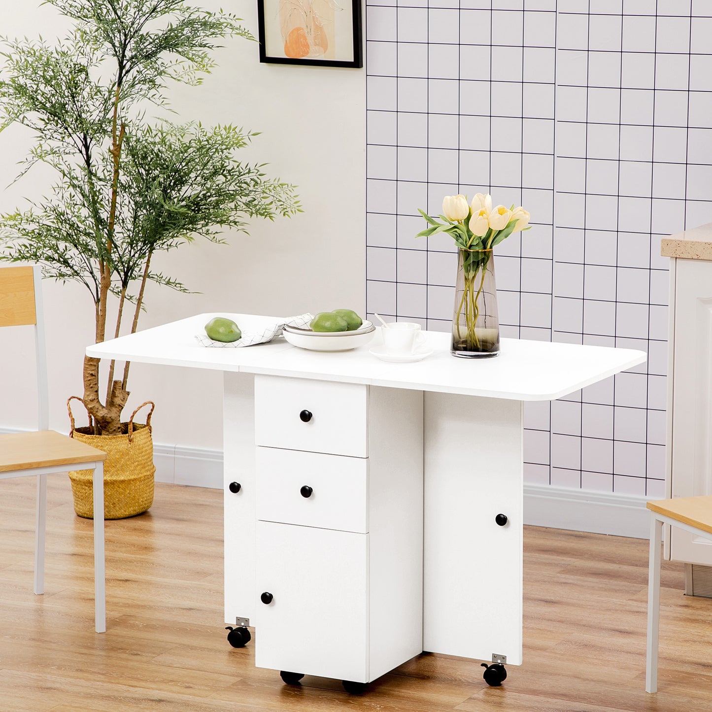 Zibsa Wooden White Drop Leaf Dining Table With Storage For 6