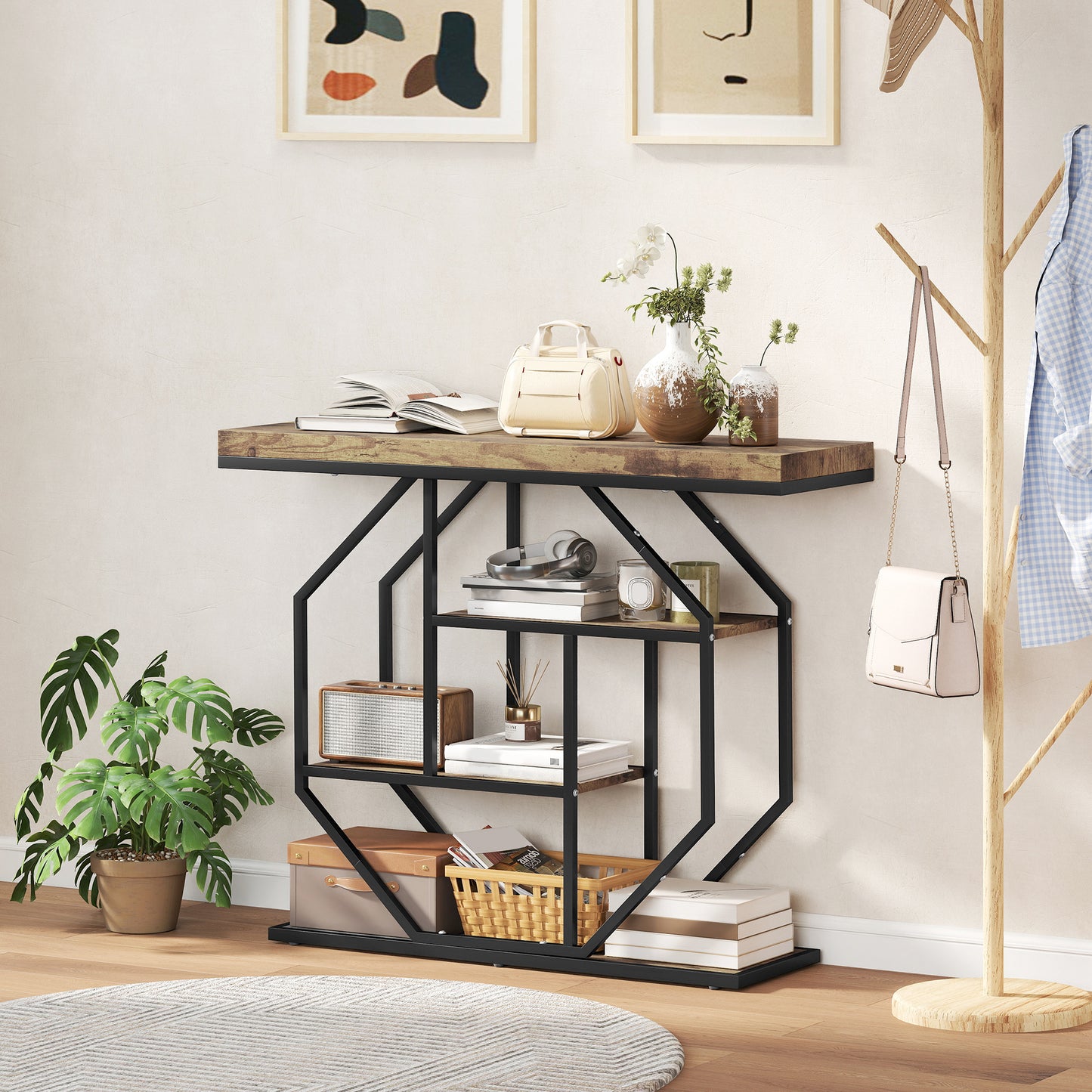 Reello Metal And Wooden Rustic Brown 4 Tier Industrial Console Table
