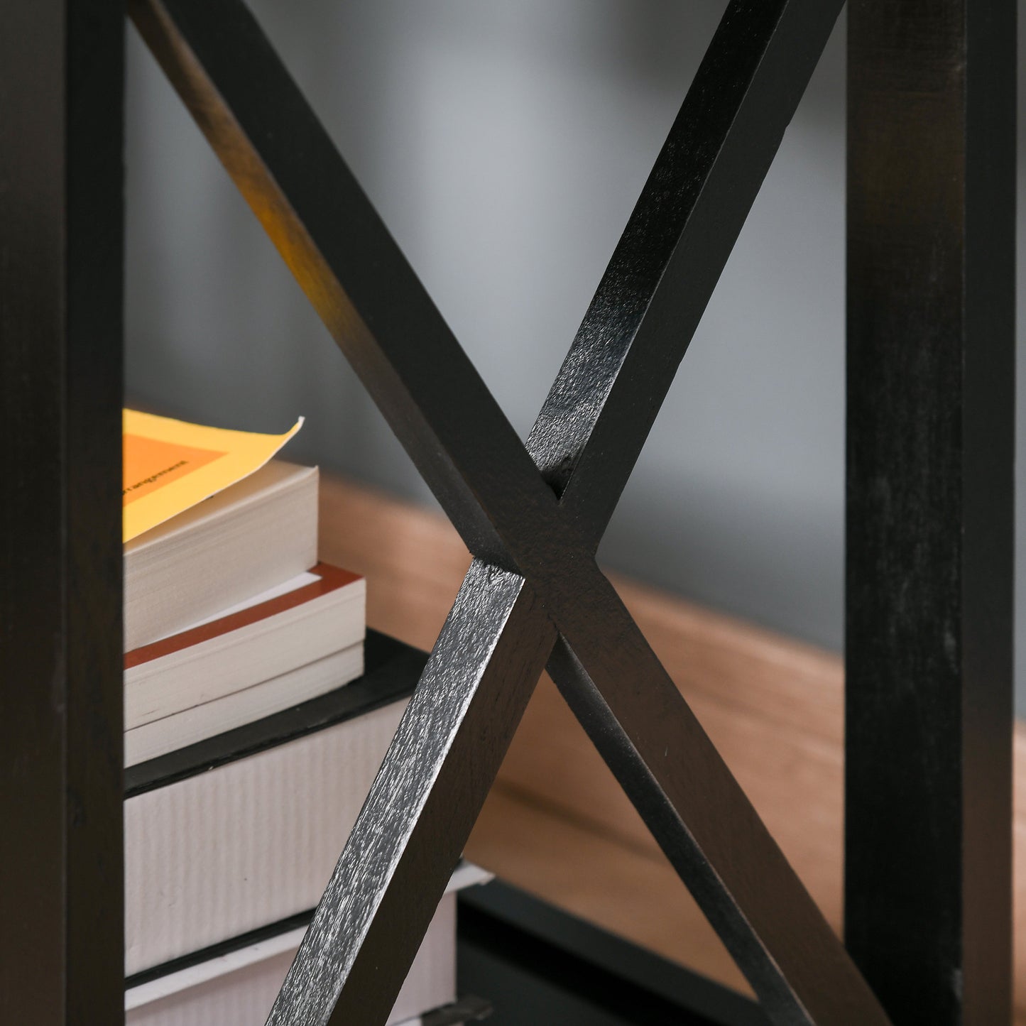 Vidodo Black Wooden Bedside Table With Drawer X Bar Base And Lower Shelf