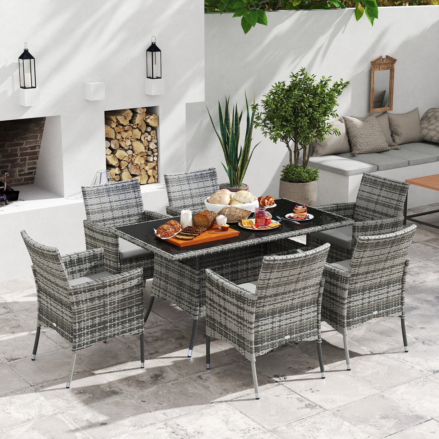 Zila 6 Seater Rattan Grey Outdoor Dining Set With Cushioned Armchairs And Glass Table