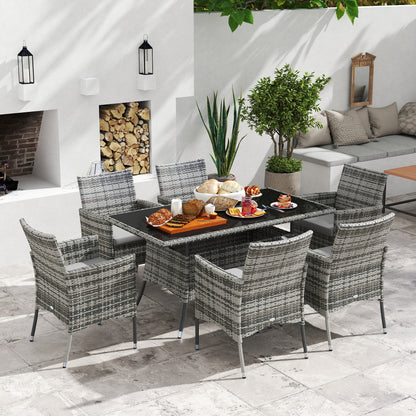 Zila 6 Seater Rattan Grey Outdoor Dining Set With Cushioned Armchairs And Glass Table