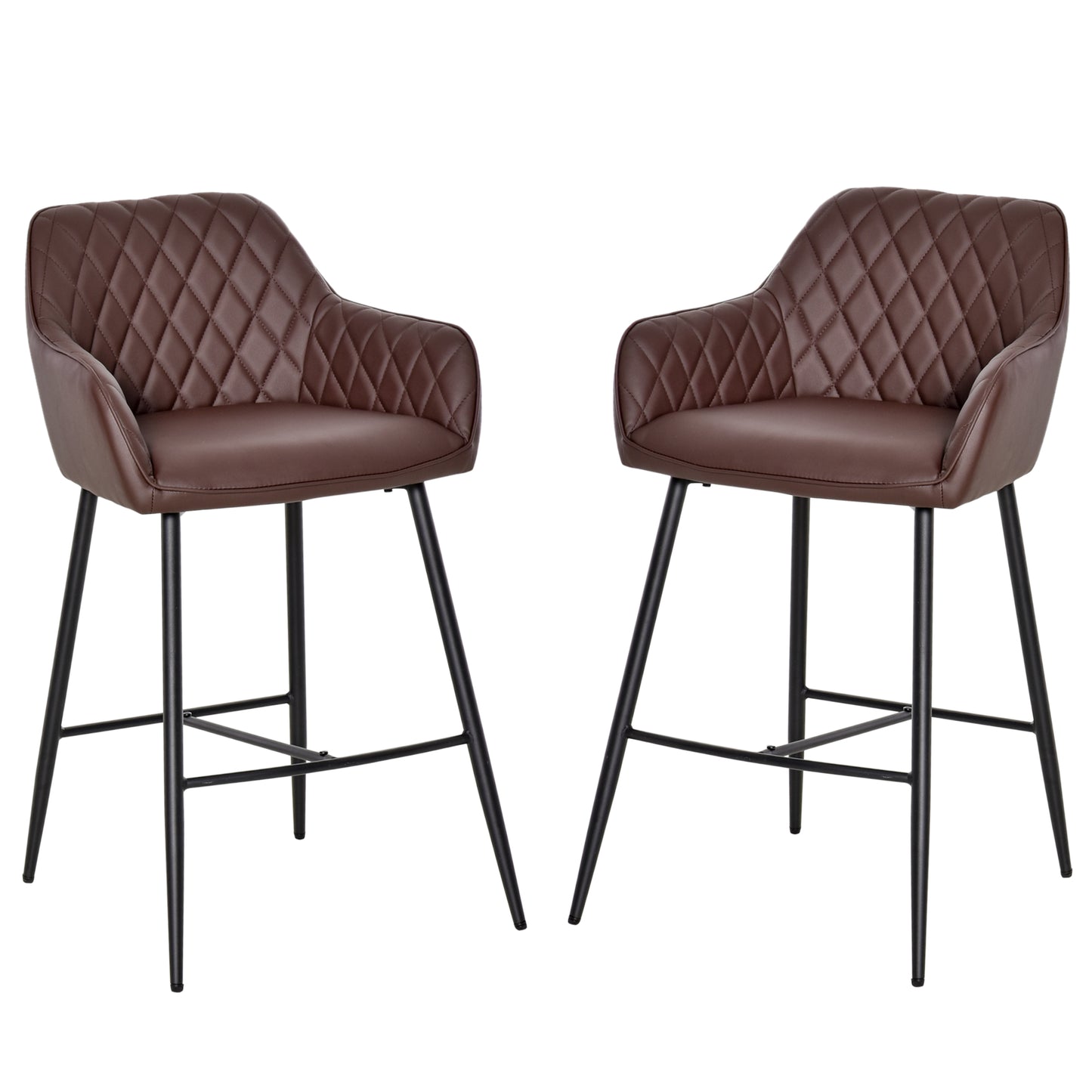 Mayore Faux Leather Brown Retro Bar Chairs Set Of 2 With Metal Frame And Footrest