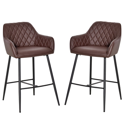 Mayore Faux Leather Brown Retro Bar Chairs Set Of 2 With Metal Frame And Footrest