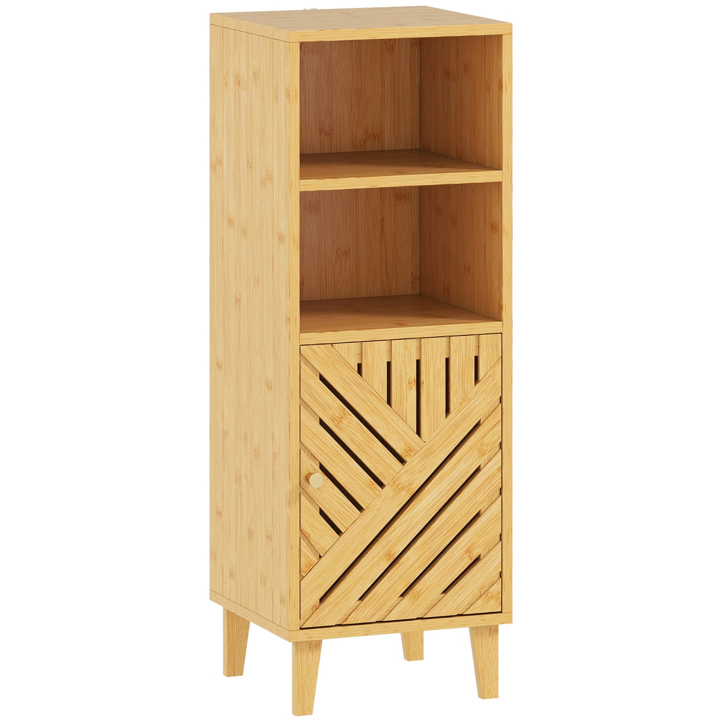 Mire Slim Freestanding Bathroom Storage Cabinet With Bamboo Door Legs And OFauxn Compartments Natural Wood Finish