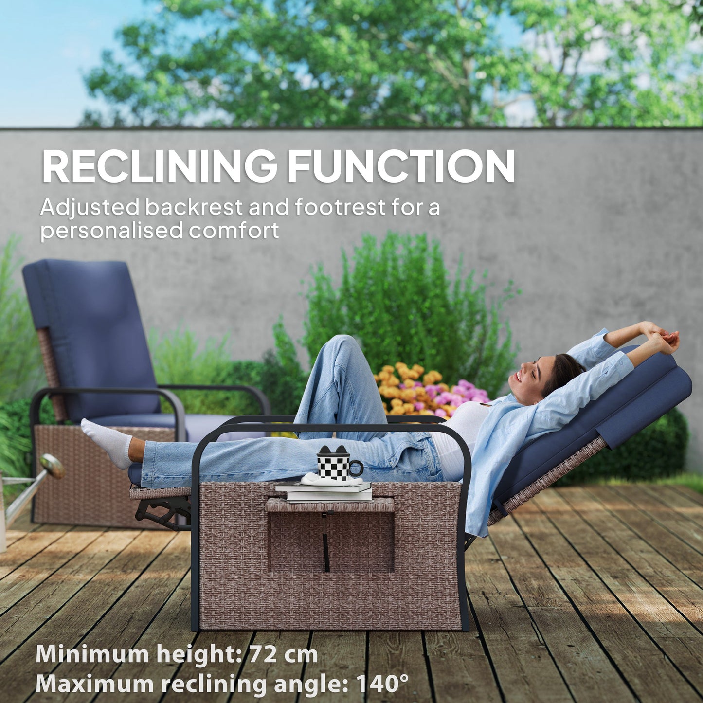 Elva Brown Rattan And Blue Cushion Reclining Outdoor Armchair