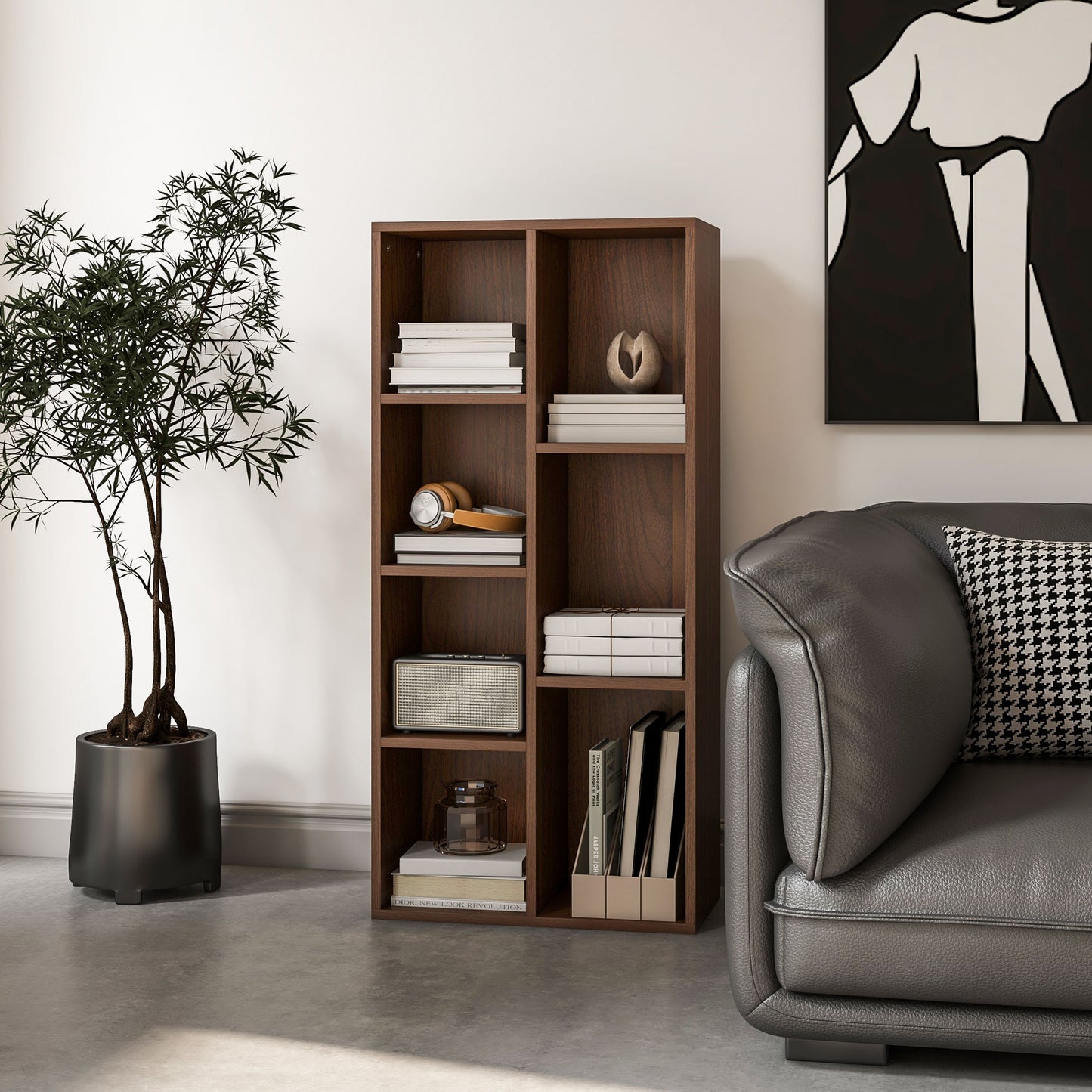 Nofivi Yofa Wood Walnut Effect 7 Cube Storage Bookcase