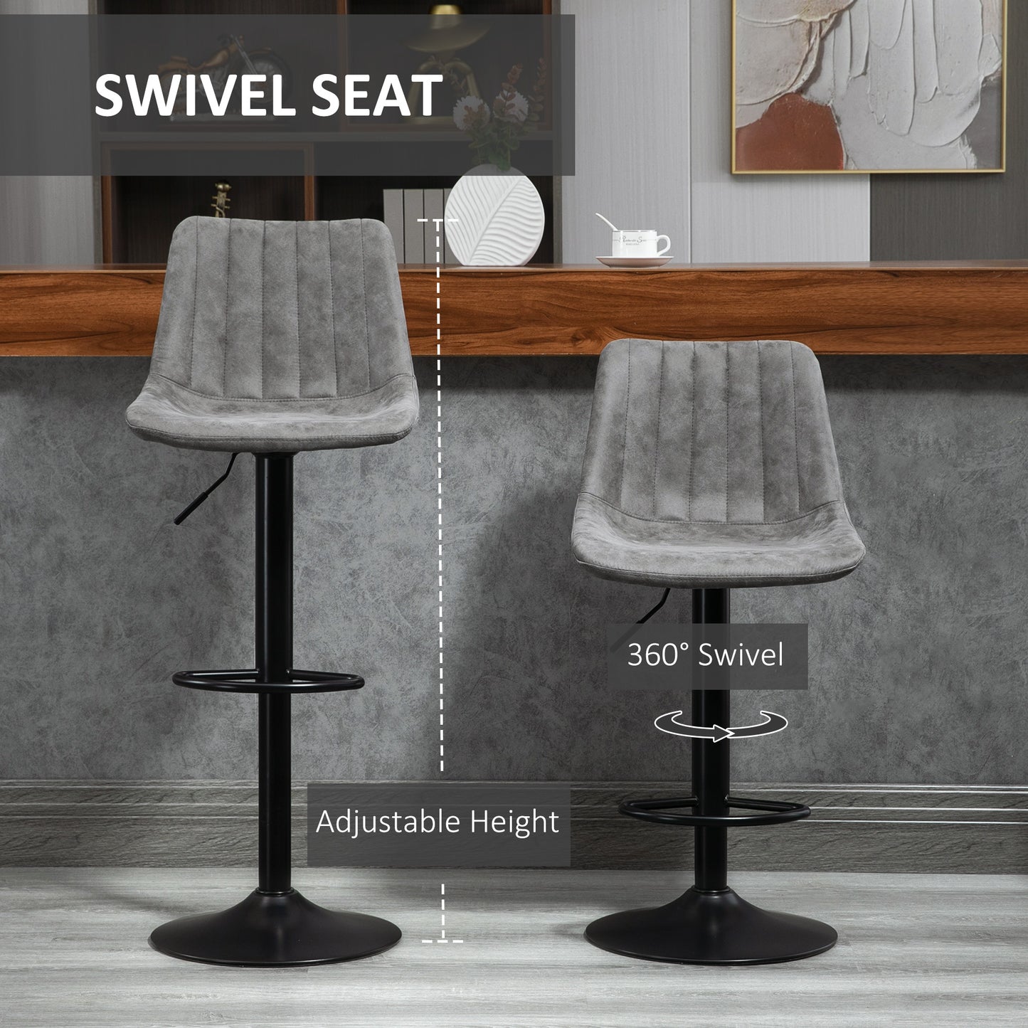 Doneha Faux Leather Grey Adjustable Breakfast Bar Chairs Set Of 2 With Upholstered Seats