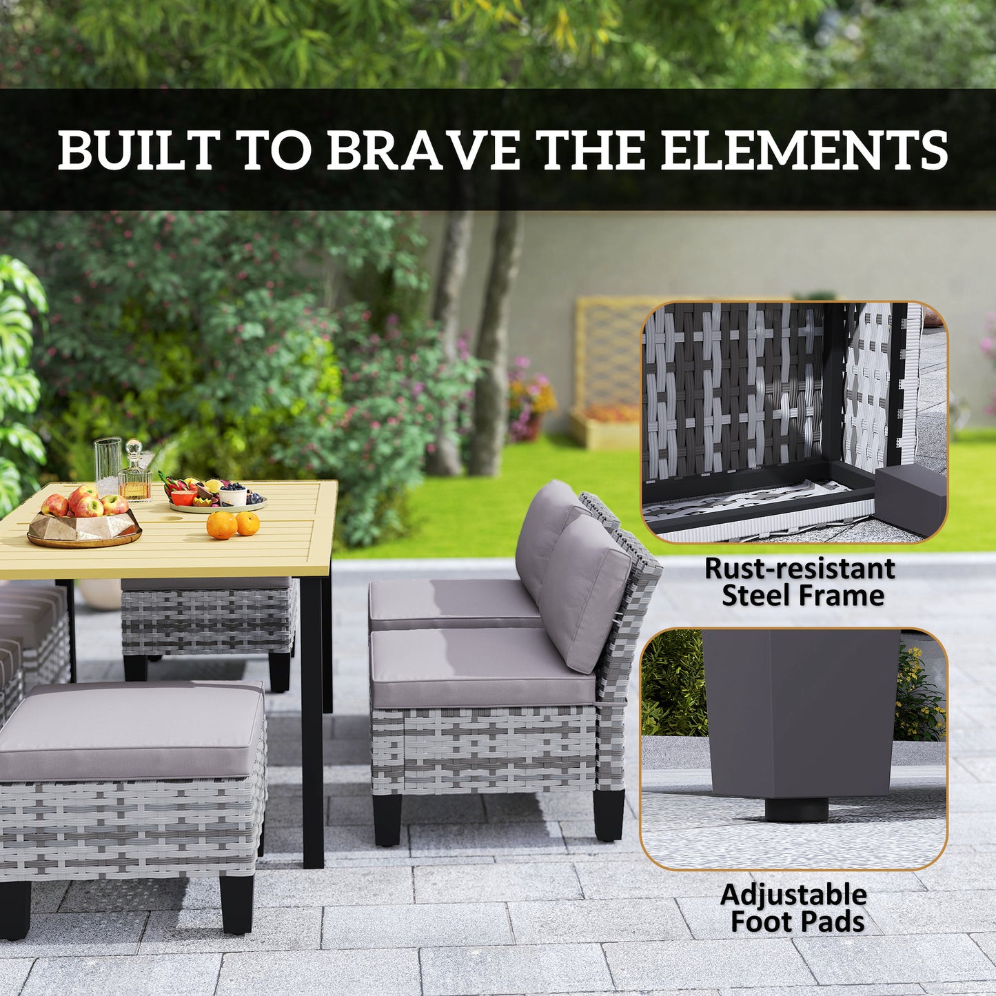 Luzise Grey Rattan 6 Seater Outdoor Dining Furniture Set Natural Wooden Rectangular Table