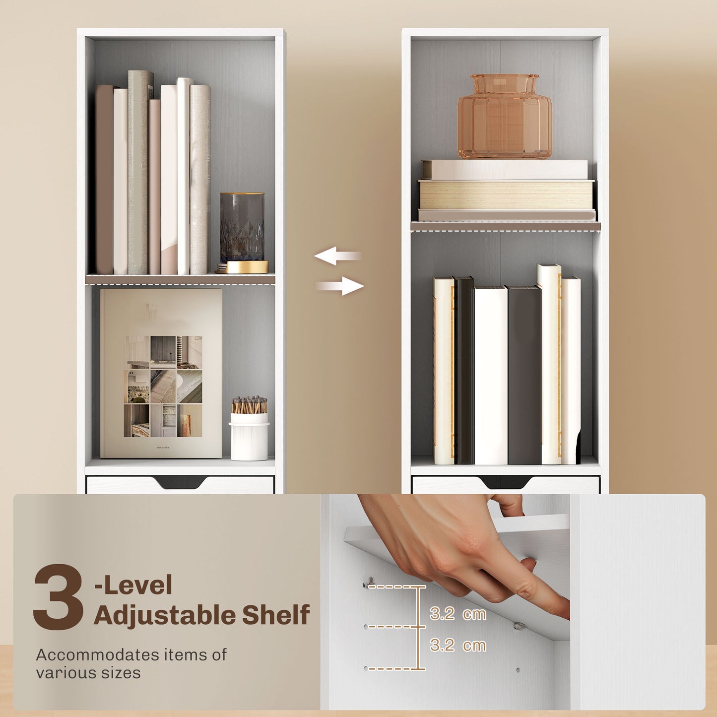 Kesura Wooden White Tall Narrow 6 Tier Bookcase With Drawer And Door