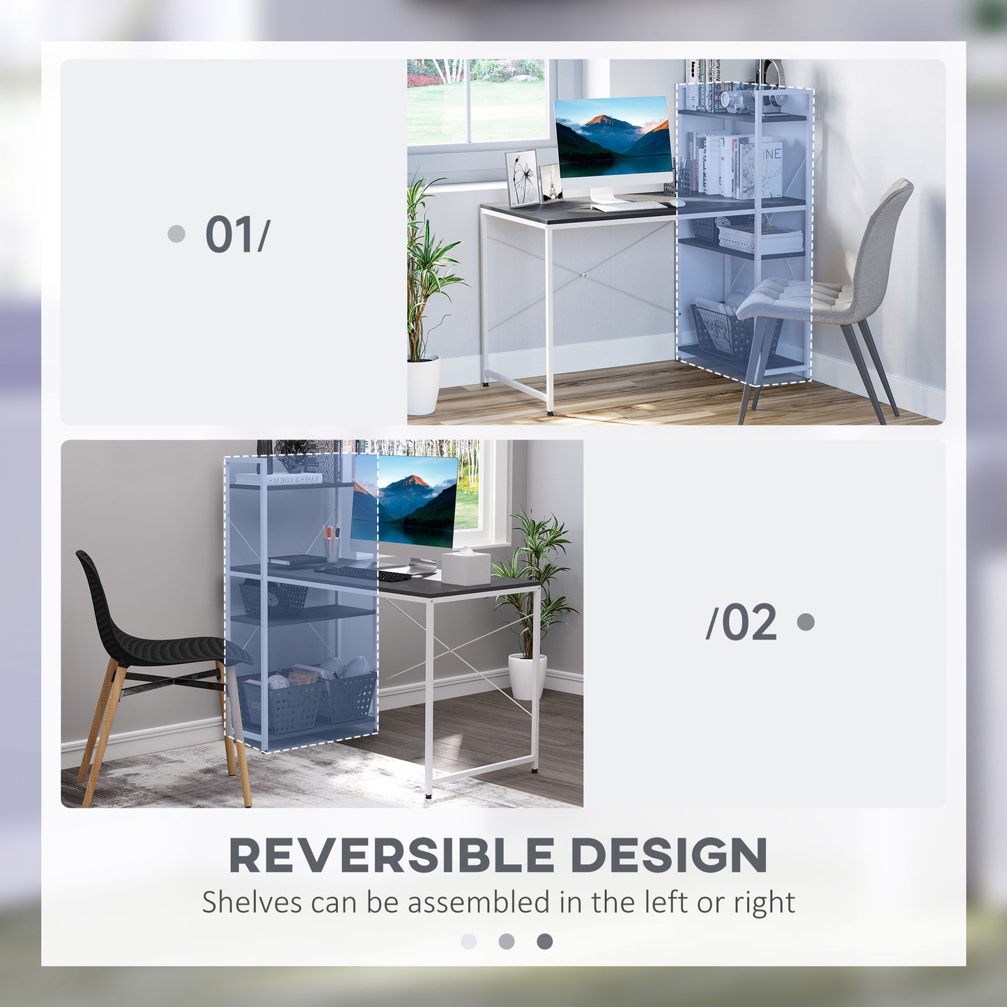 Kecodo 120cm Metal And Wooden Black And White Reversible Industrial Desk With Side Shelving