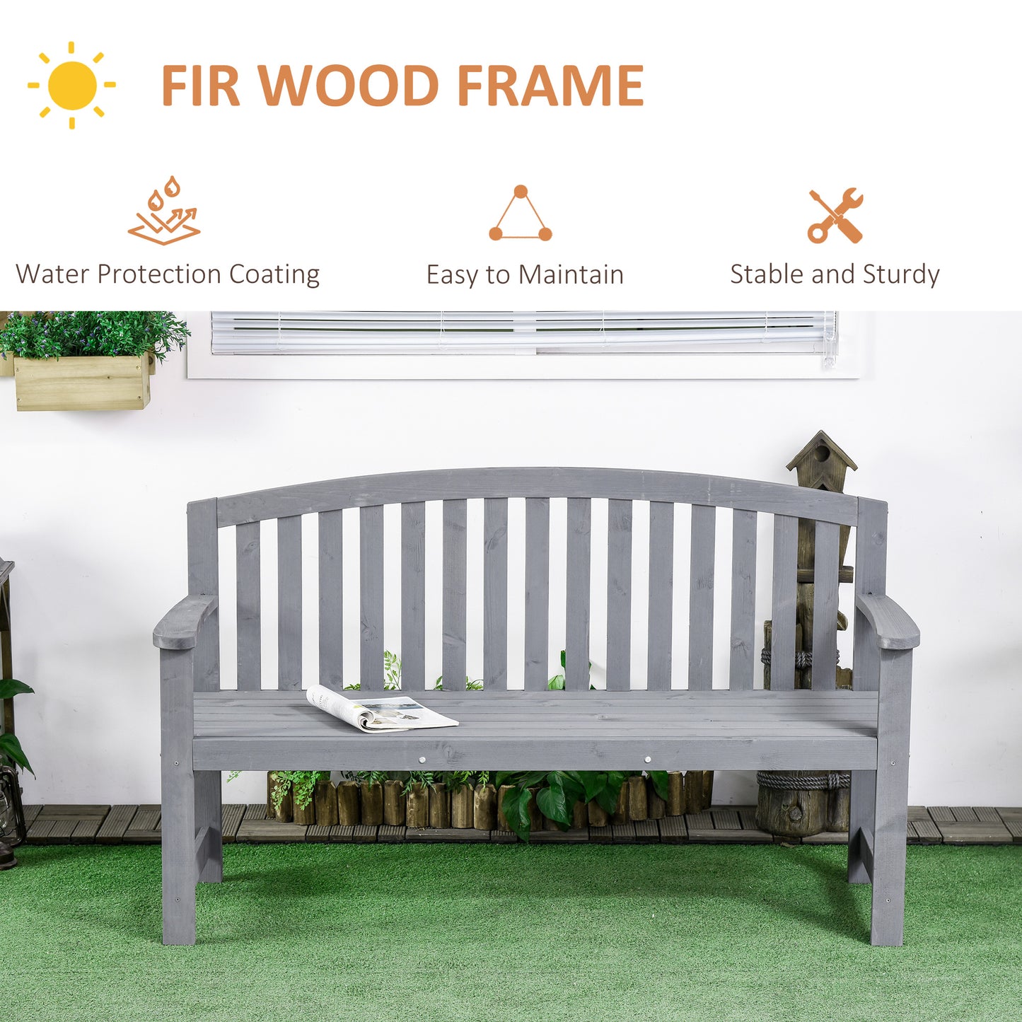 Tola 143cm Grey Wood 2 Seater Garden Bench With Armrests Slatted Frame