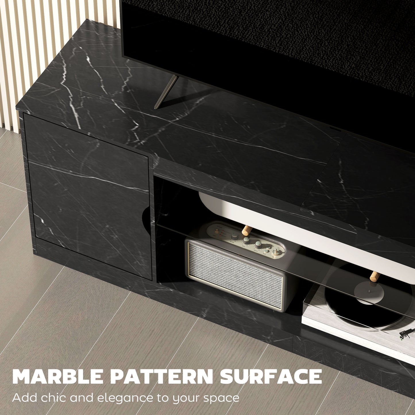 Avadell 148cm Black Marble Effect TV Unit With Glass Shelves For Screens Up To 55 Inches
