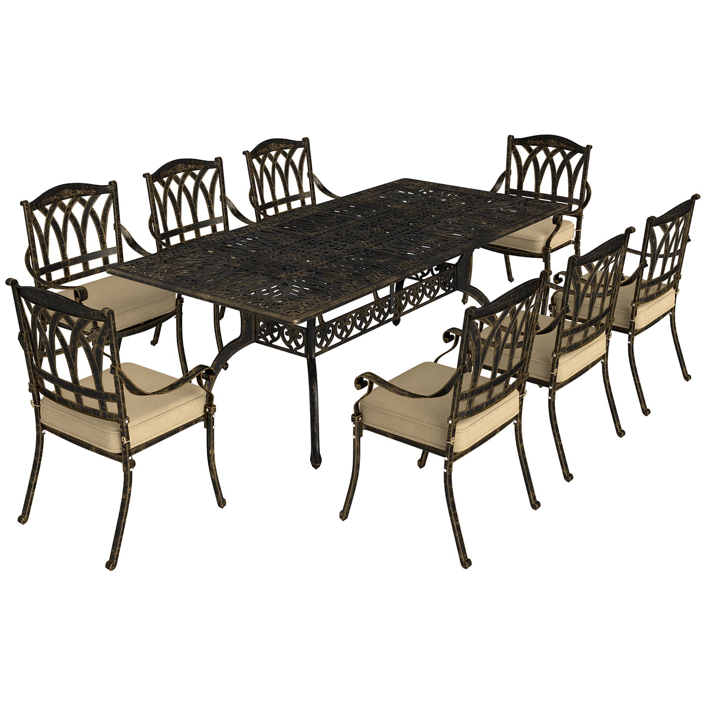 Vesuno 8 Seater Bronze Cast Aluminium Garden Dining Set Rectangular Table with Parasol Hole