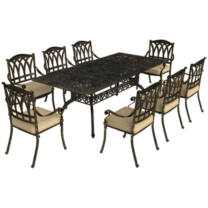 Vesuno 8 Seater Bronze Cast Aluminium Garden Dining Set Rectangular Table with Parasol Hole