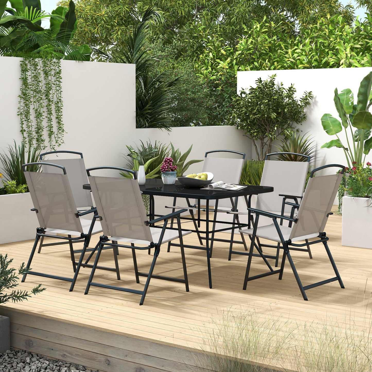 Lobama 6 Seater Grey Mesh Garden Dining Set with Glass Top Table and Folding Chairs