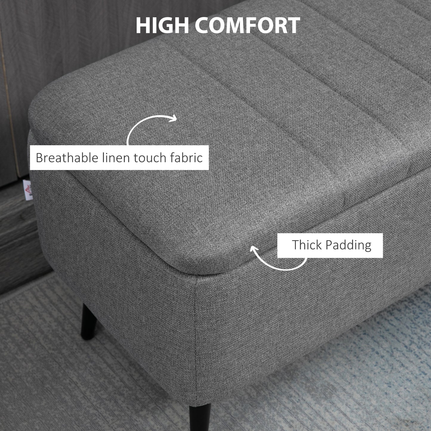 Kala Fabric Grey Rectangular Storage Ottoman Bench With Flip Top And Steel Legs