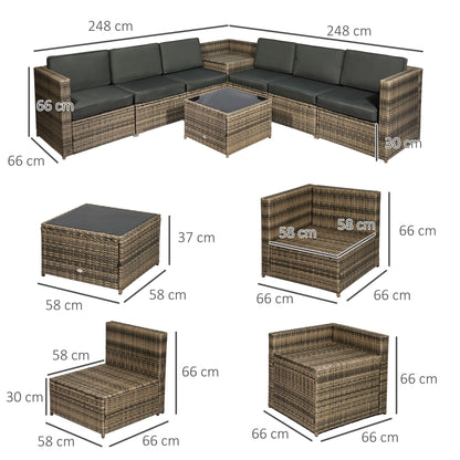Lofa Rattan Brown 6 Seater Outdoor Corner Sofa Set With Cushions And Glass Coffee Table