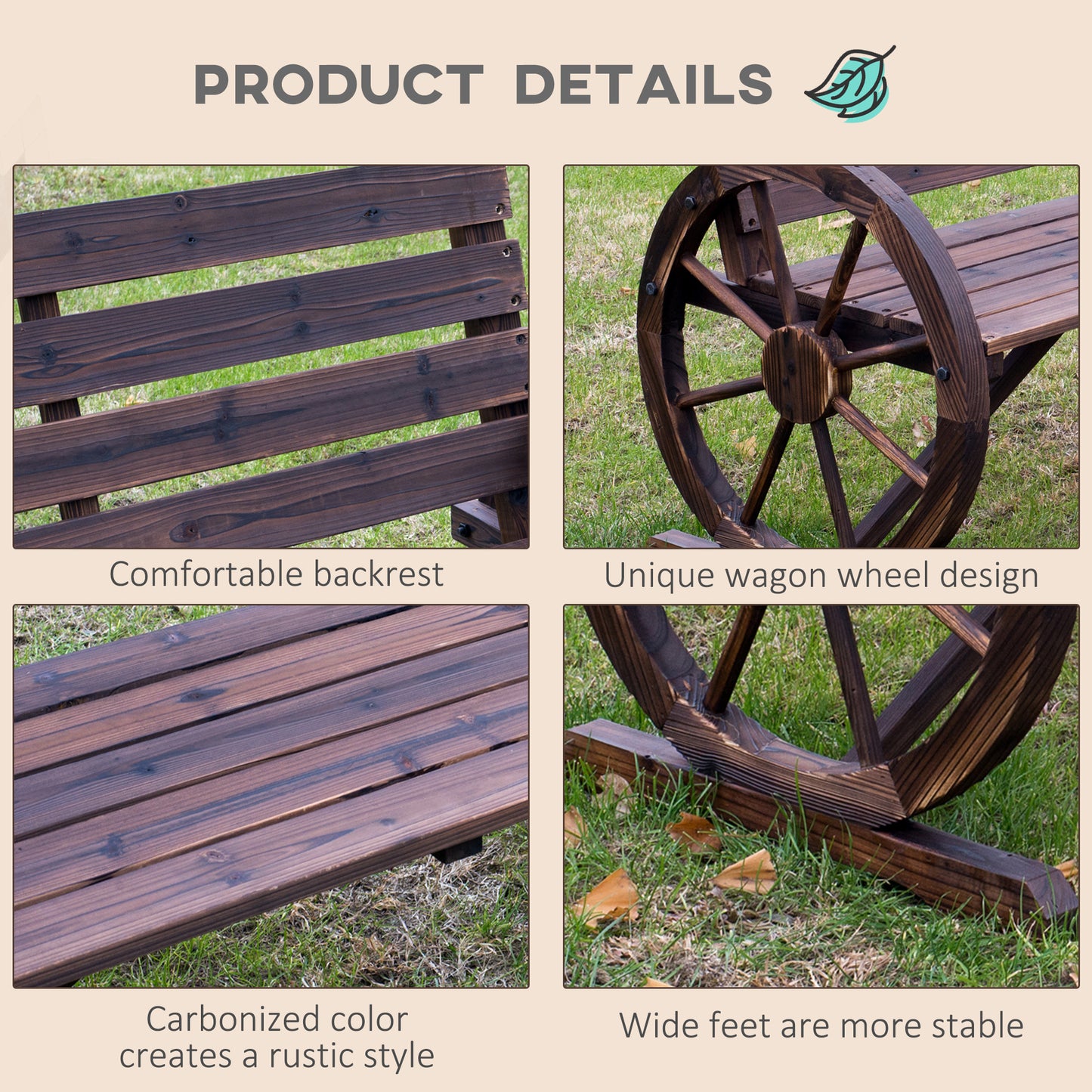 Linifi Wood Brown Rustic 2 Seater Garden Bench With Wagon Wheel Arms And High Back