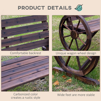 Linifi Wood Brown Rustic 2 Seater Garden Bench With Wagon Wheel Arms And High Back