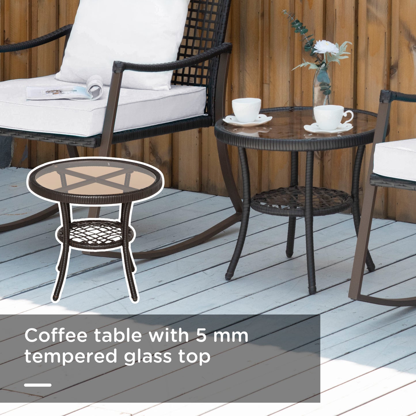 Madile Brown Rattan 3 Piece Bistro Set With Rocking Chairs And Round Glass Coffee Table