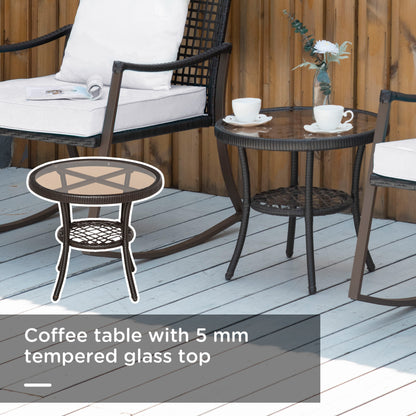 Madile Brown Rattan 3 Piece Bistro Set With Rocking Chairs And Round Glass Coffee Table