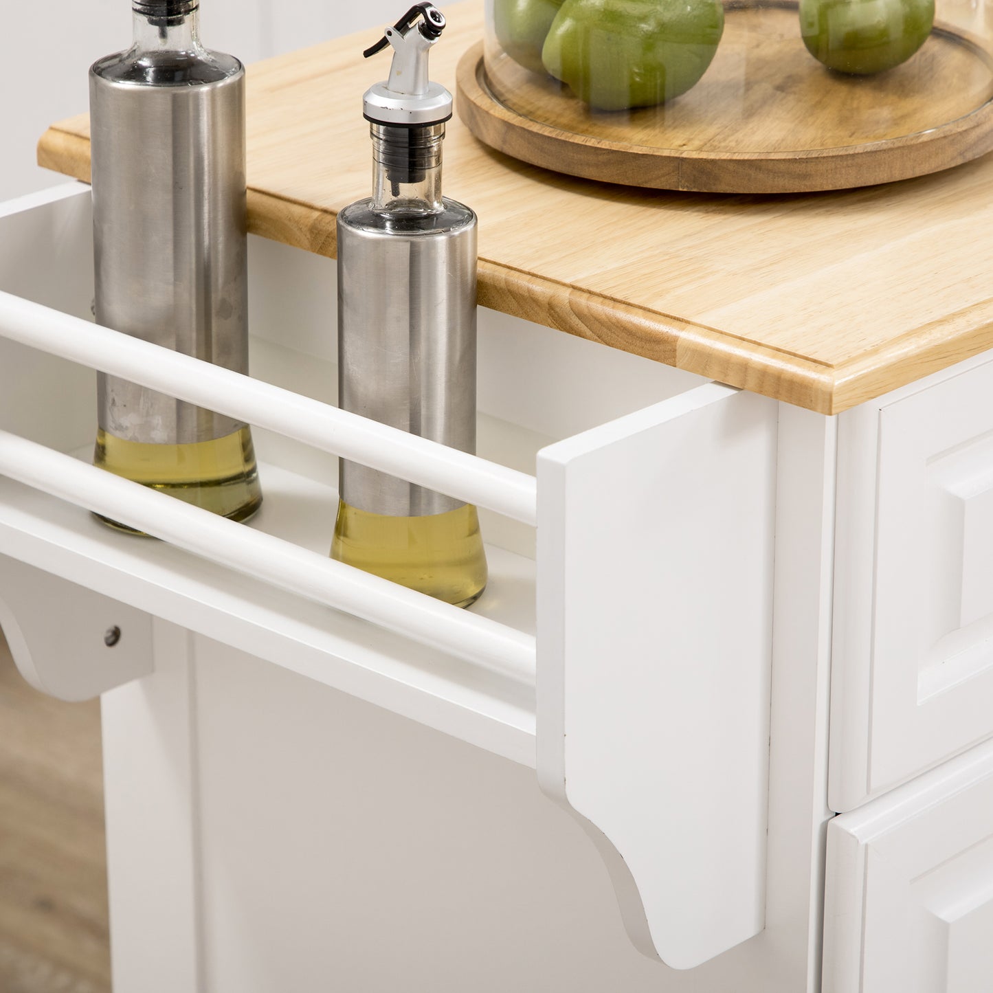 Nirael Wooden White Rolling Kitchen Island With Rubberwood Top Drawer And Storage
