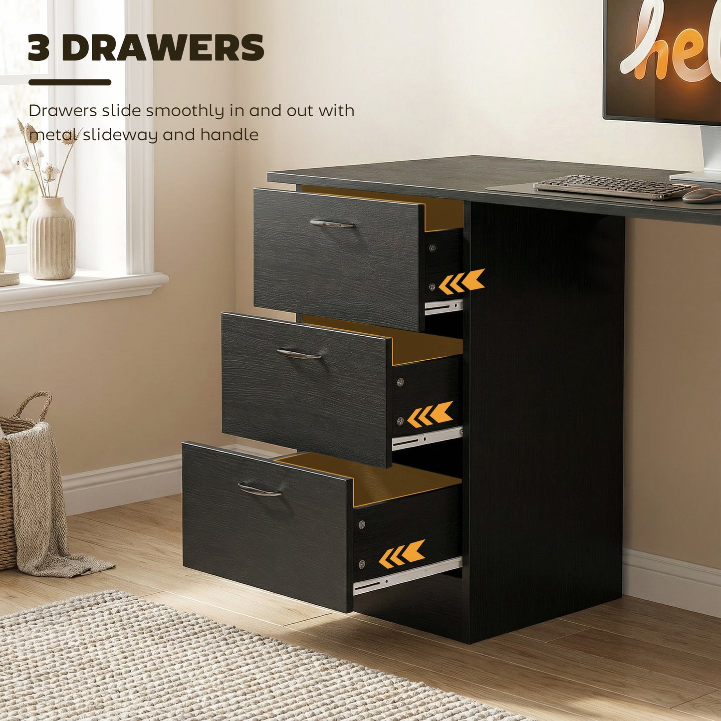 Malilu 120cm Wooden Black Home Office Desk With 3 Shelves And Drawer Storage