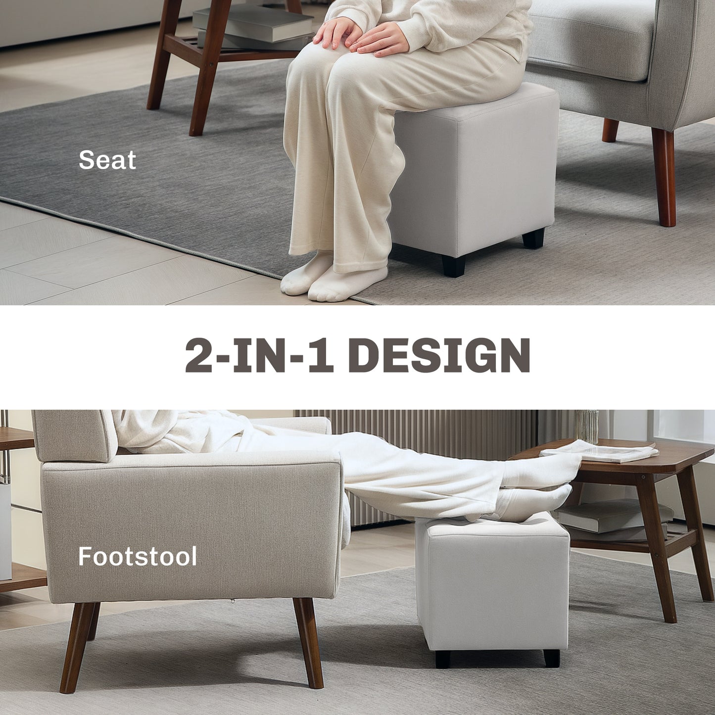 Kafano Velvet Light Grey Square Ottoman With Soft Upholstered Finish