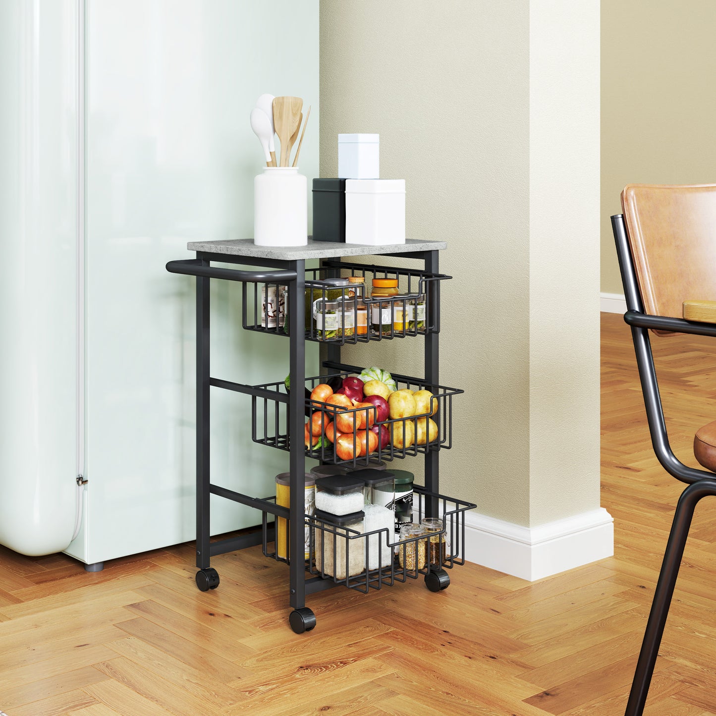 Firo Metal Grey And Black 3 Basket Mobile Kitchen Trolley With Locking Wheels