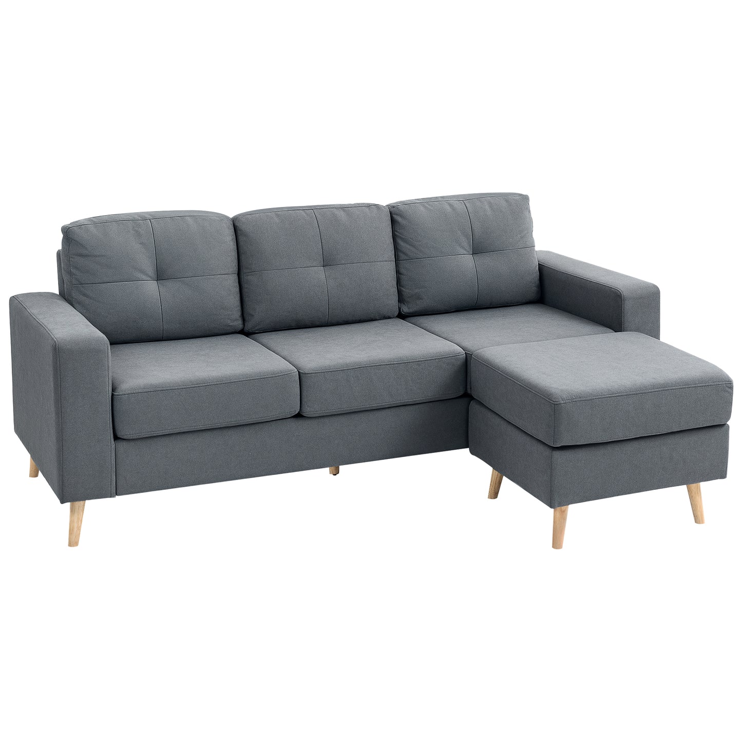 Tafave Fabric Dark Grey L Shaped Corner Sofa With Footstool Tufted Back And Wooden Legs